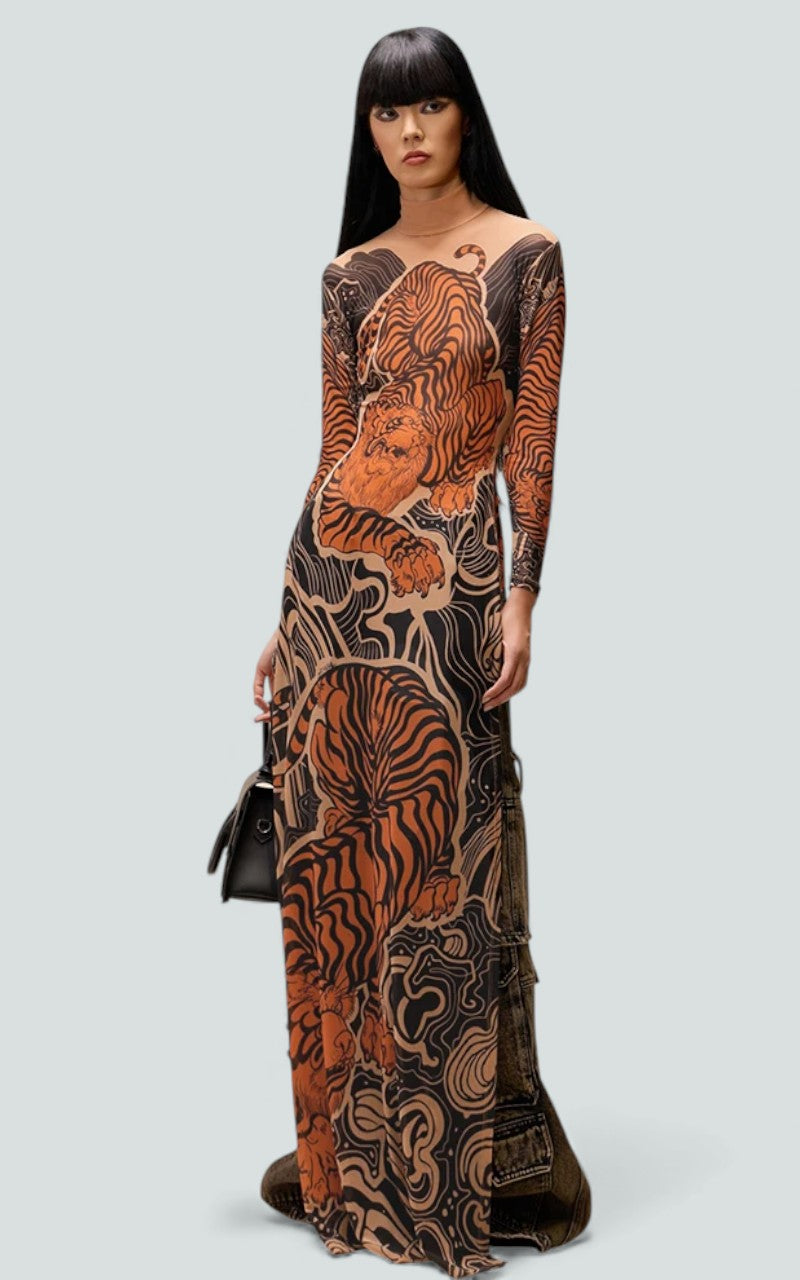 Tiger Veil Sheer Column Dress