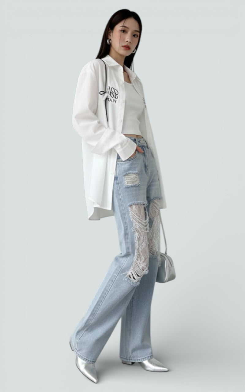 Lace Patchwork Wide-Leg Denim