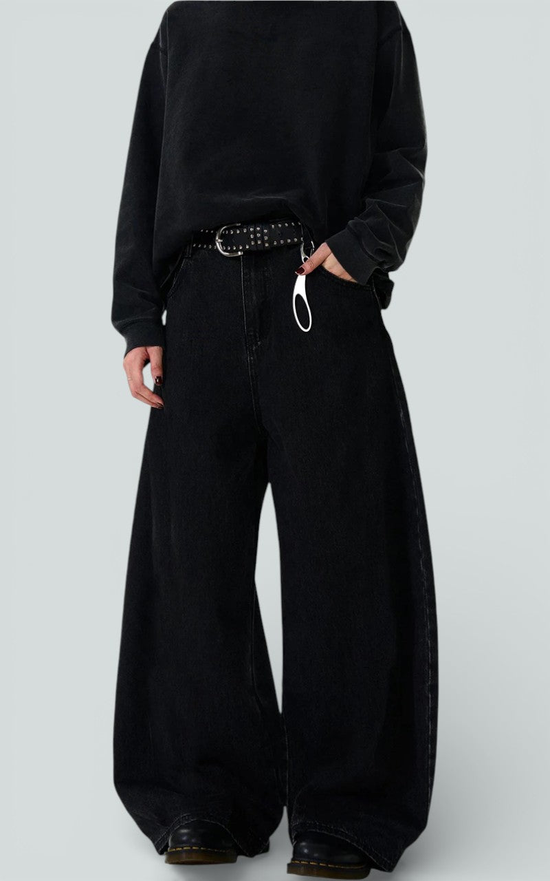 Black Wide-Leg Curved Denim Trousers