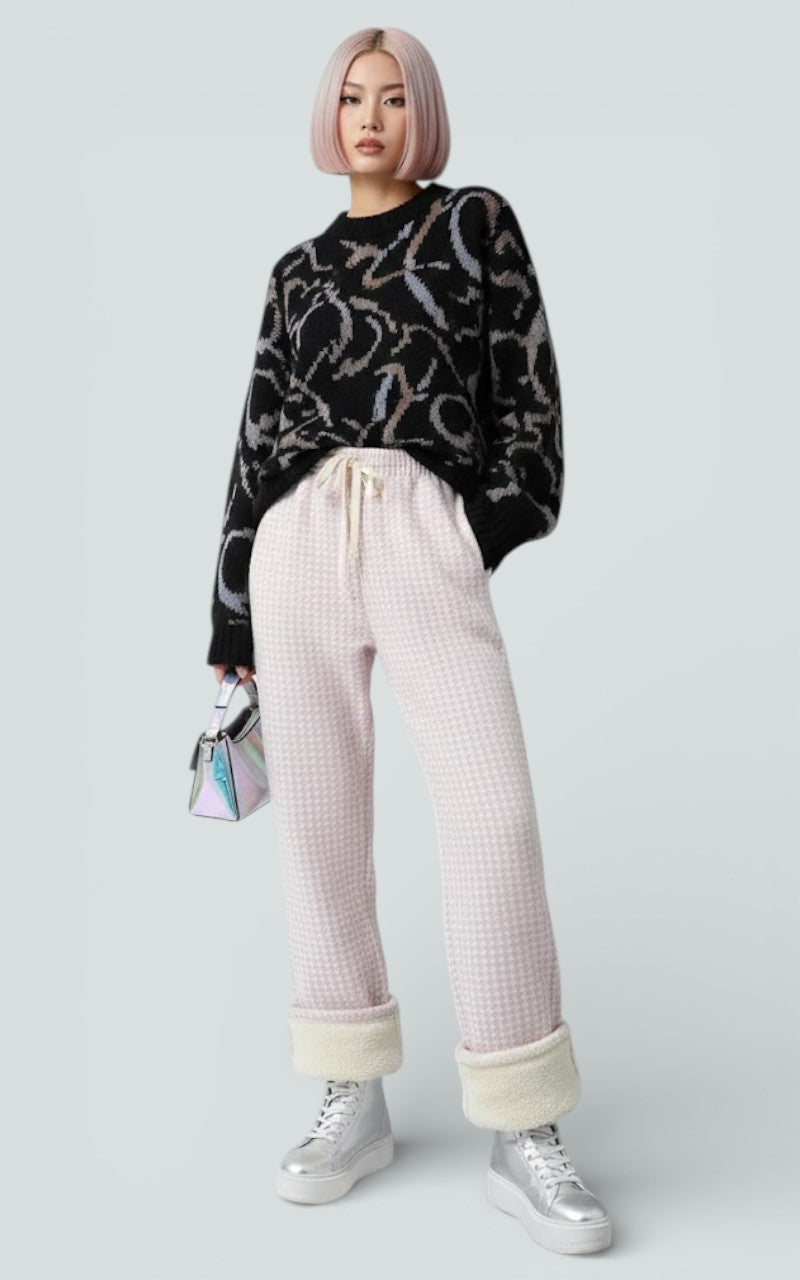 Pink Plaid Wide-Leg Plush Trousers