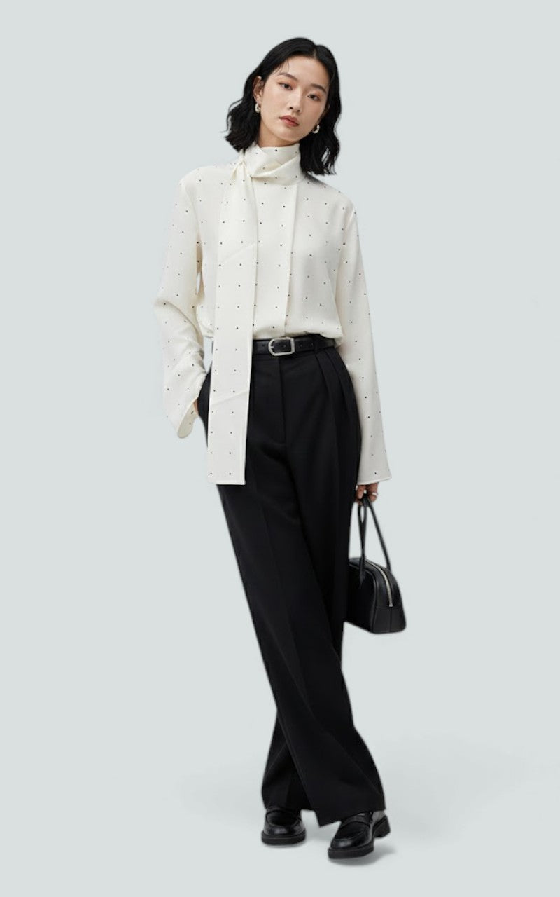 Polka Dot Scarf-Neck Satin Blouse