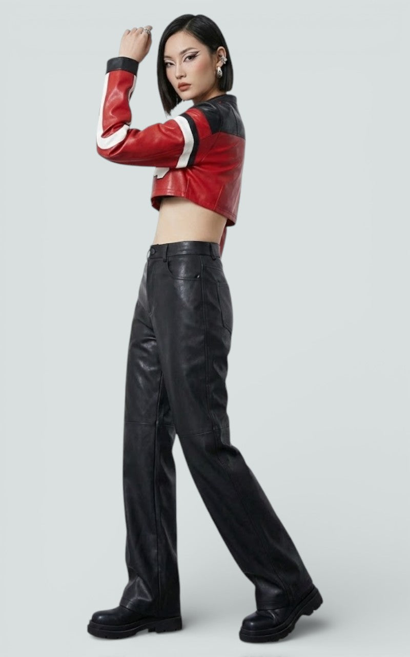 Crimson Varsity Crop Faux Leather Jacket