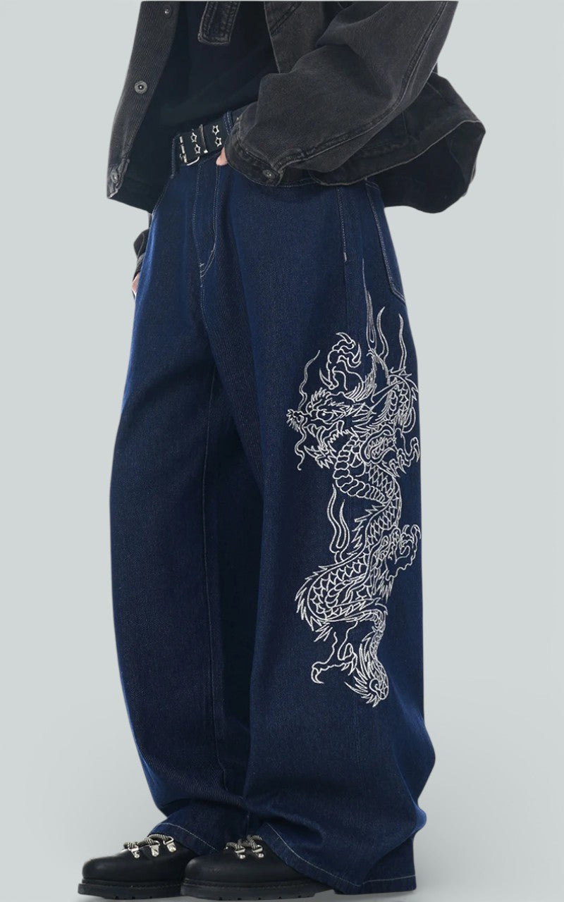 Dragon Embroidery Loose Wide-Leg Denim