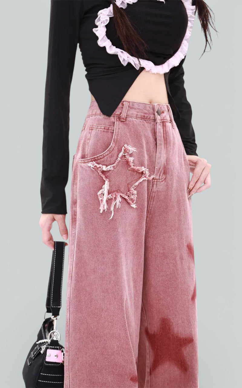 Star Detail Wide-Leg Denim Trousers