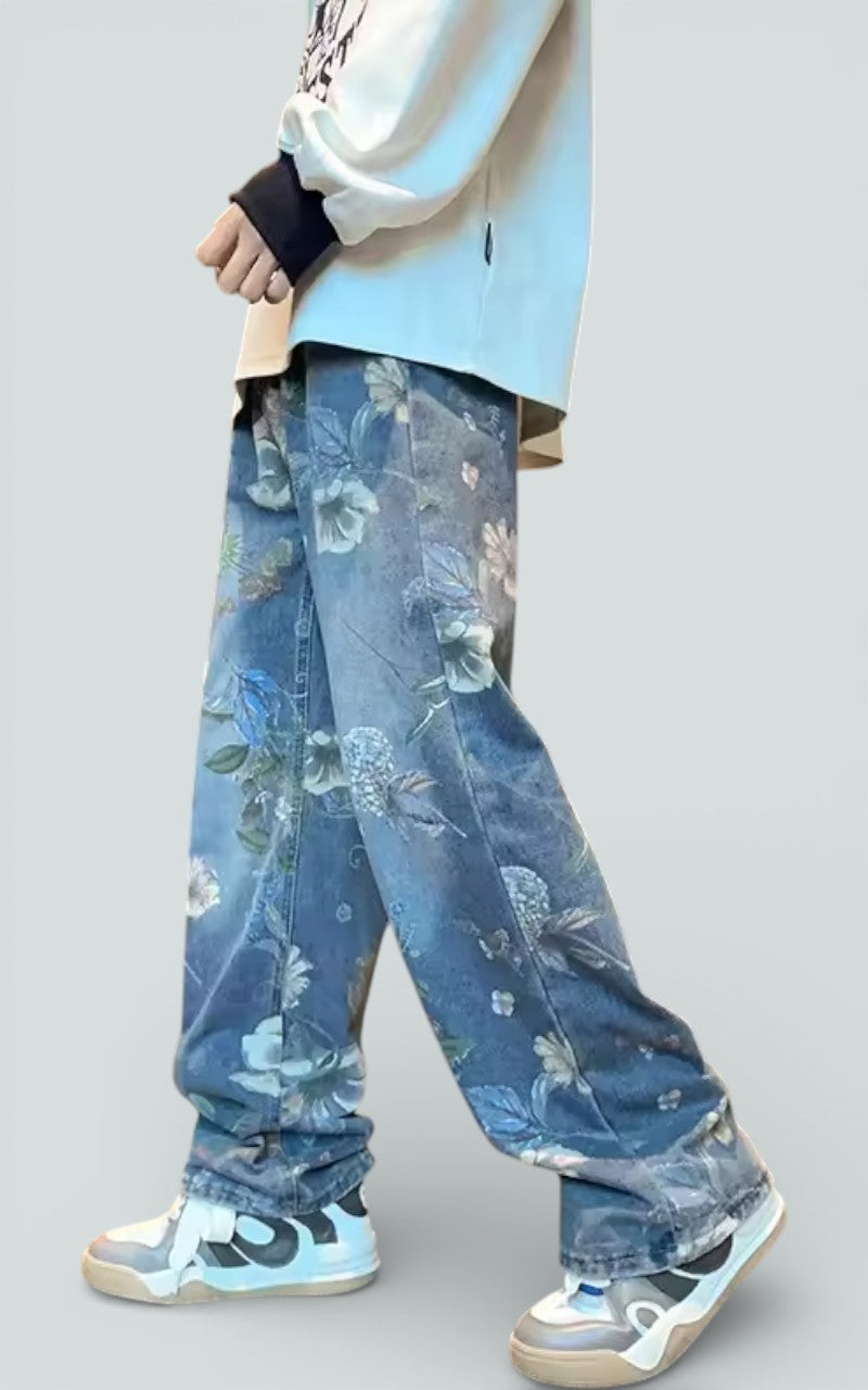 Floral Wide-Leg Denim Trousers