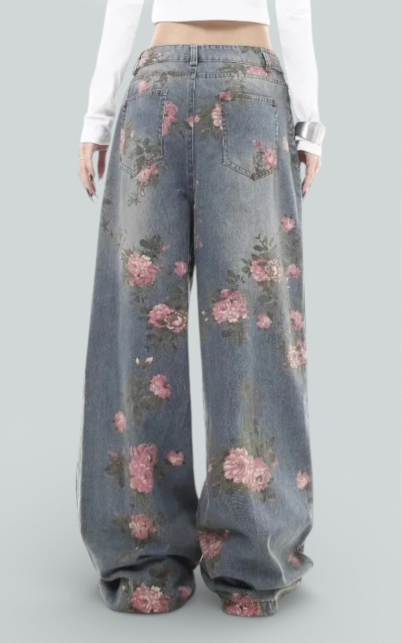 Vintage Floral Wash Wide-Leg Denim