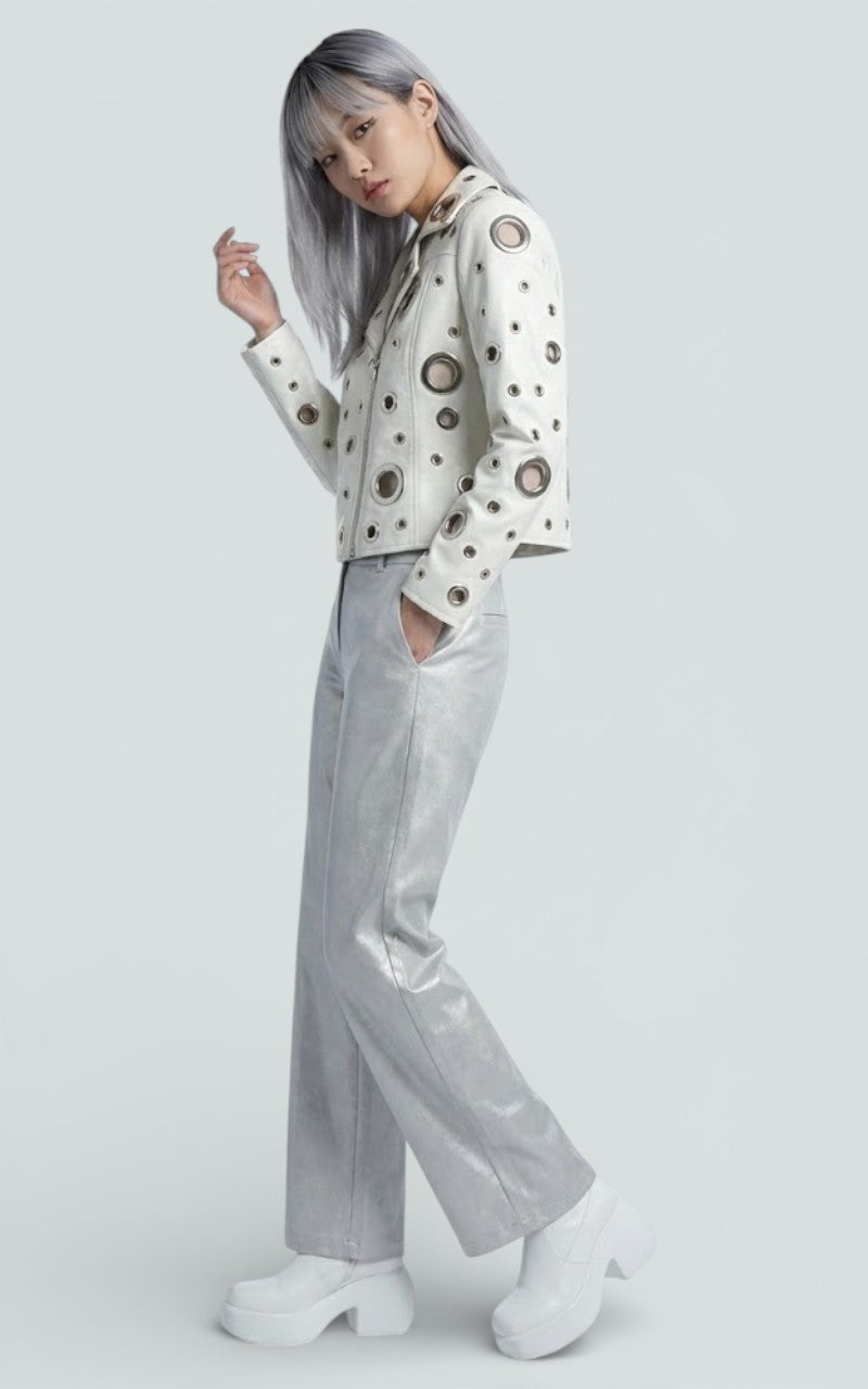 Rivet Cutout Cropped Faux Leather Jacket