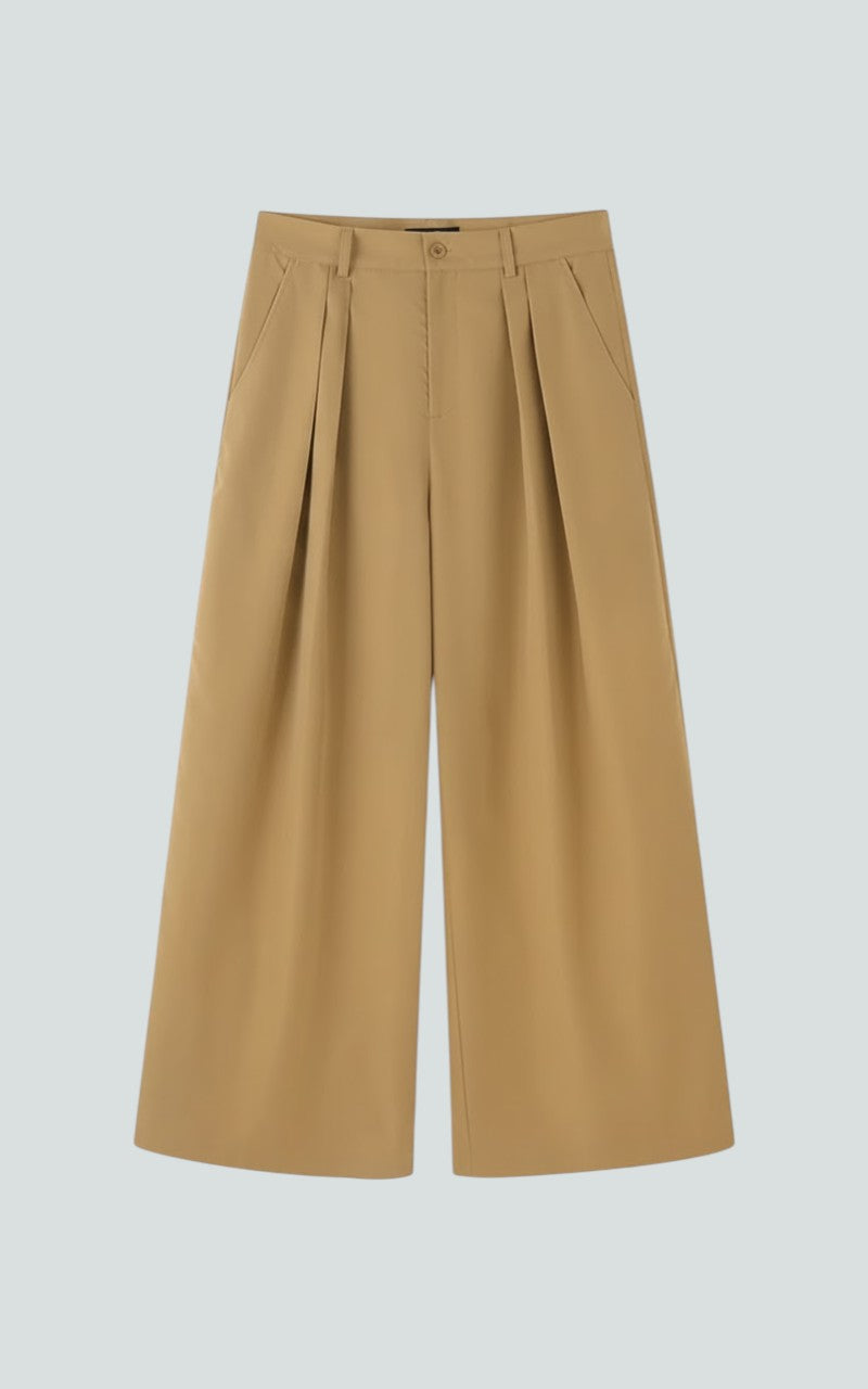 Pleated Wide-Leg Tan Tailored Bottoms