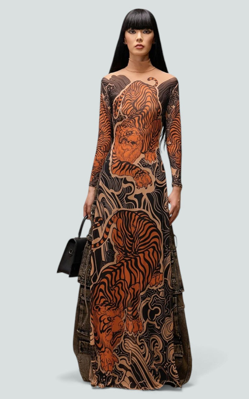 Tiger Veil Sheer Column Dress
