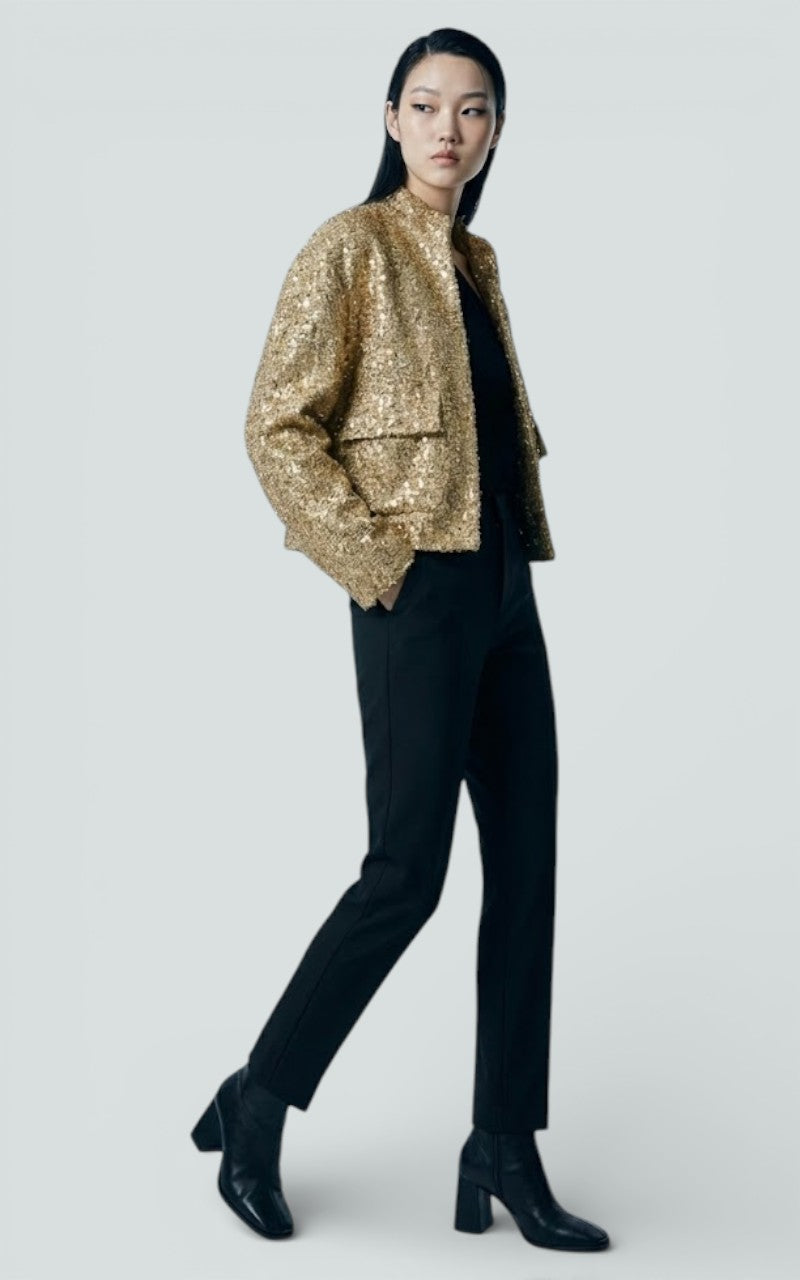 Gold Sequin O-Neck Bomber Jacket