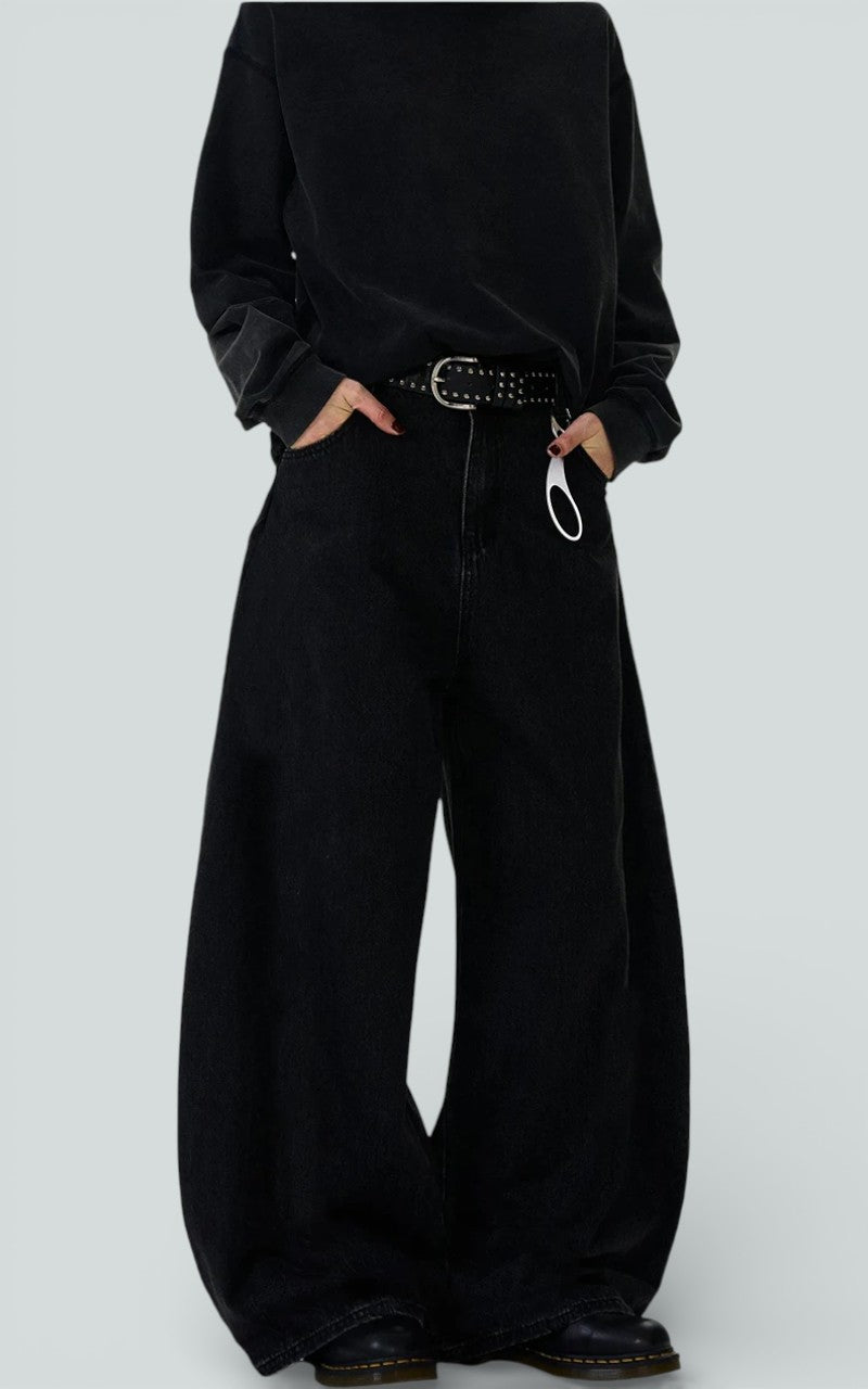 Black Wide-Leg Curved Denim Trousers
