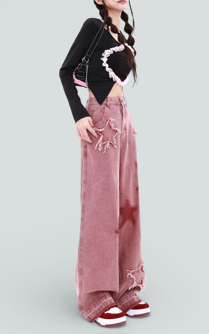 Star Detail Wide-Leg Denim Trousers