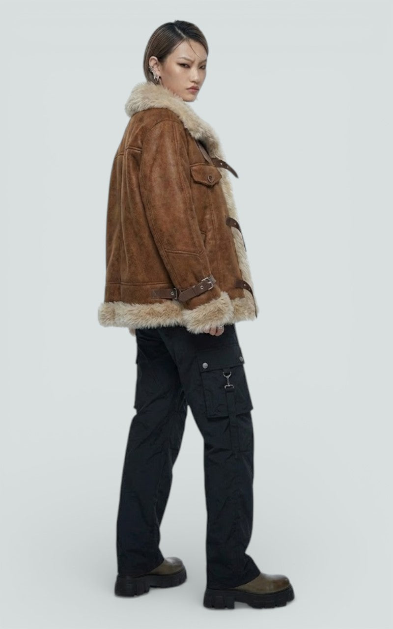 Shearling Buckle Leather Aviator Jacket