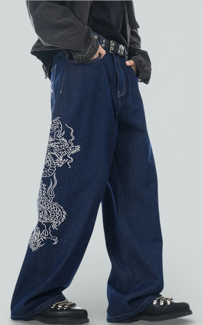 Dragon Embroidery Loose Wide-Leg Denim