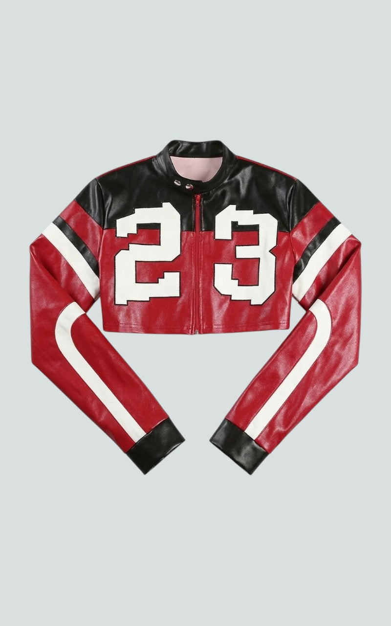 Crimson Varsity Crop Faux Leather Jacket