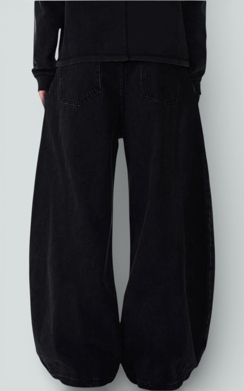 Black Wide-Leg Curved Denim Trousers