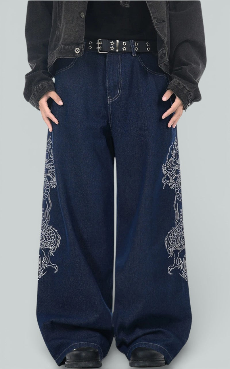 Dragon Embroidery Loose Wide-Leg Denim