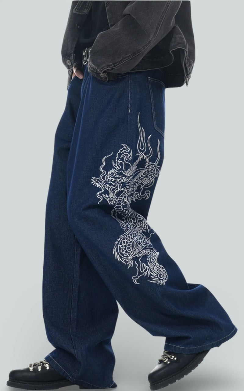 Dragon Embroidery Loose Wide-Leg Denim