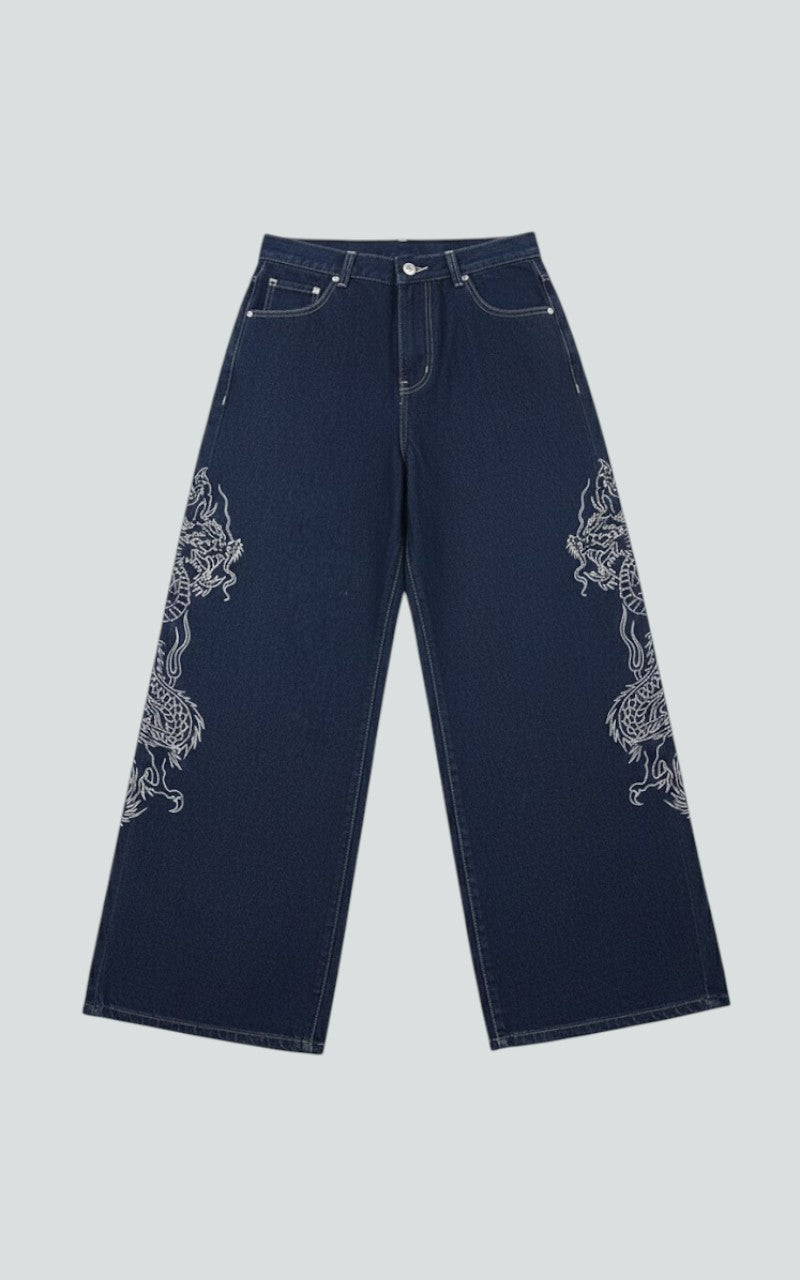 Dragon Embroidery Loose Wide-Leg Denim