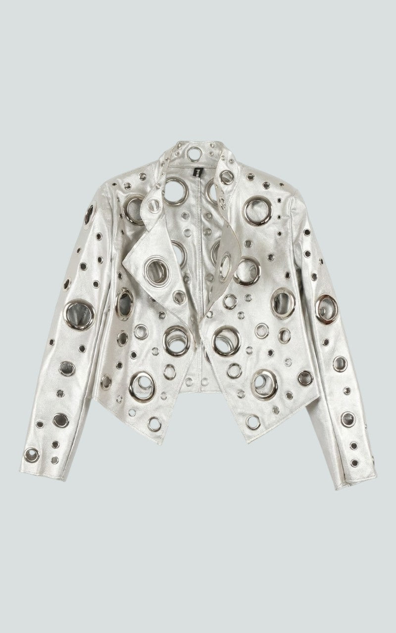Rivet Cutout Cropped Faux Leather Jacket