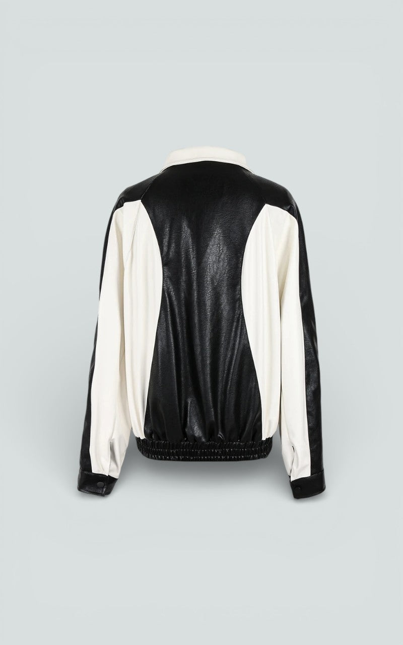 Color-Block Patchwork Faux Leather Zip Jacket