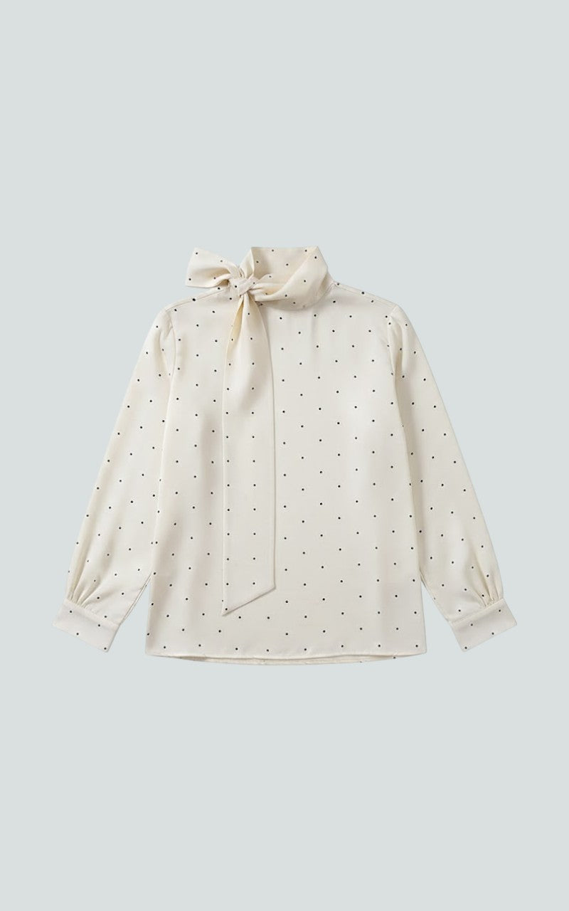 Polka Dot Scarf-Neck Satin Blouse