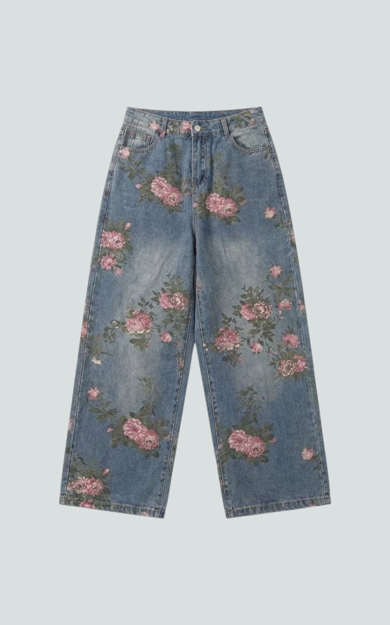 Vintage Floral Wash Wide-Leg Denim