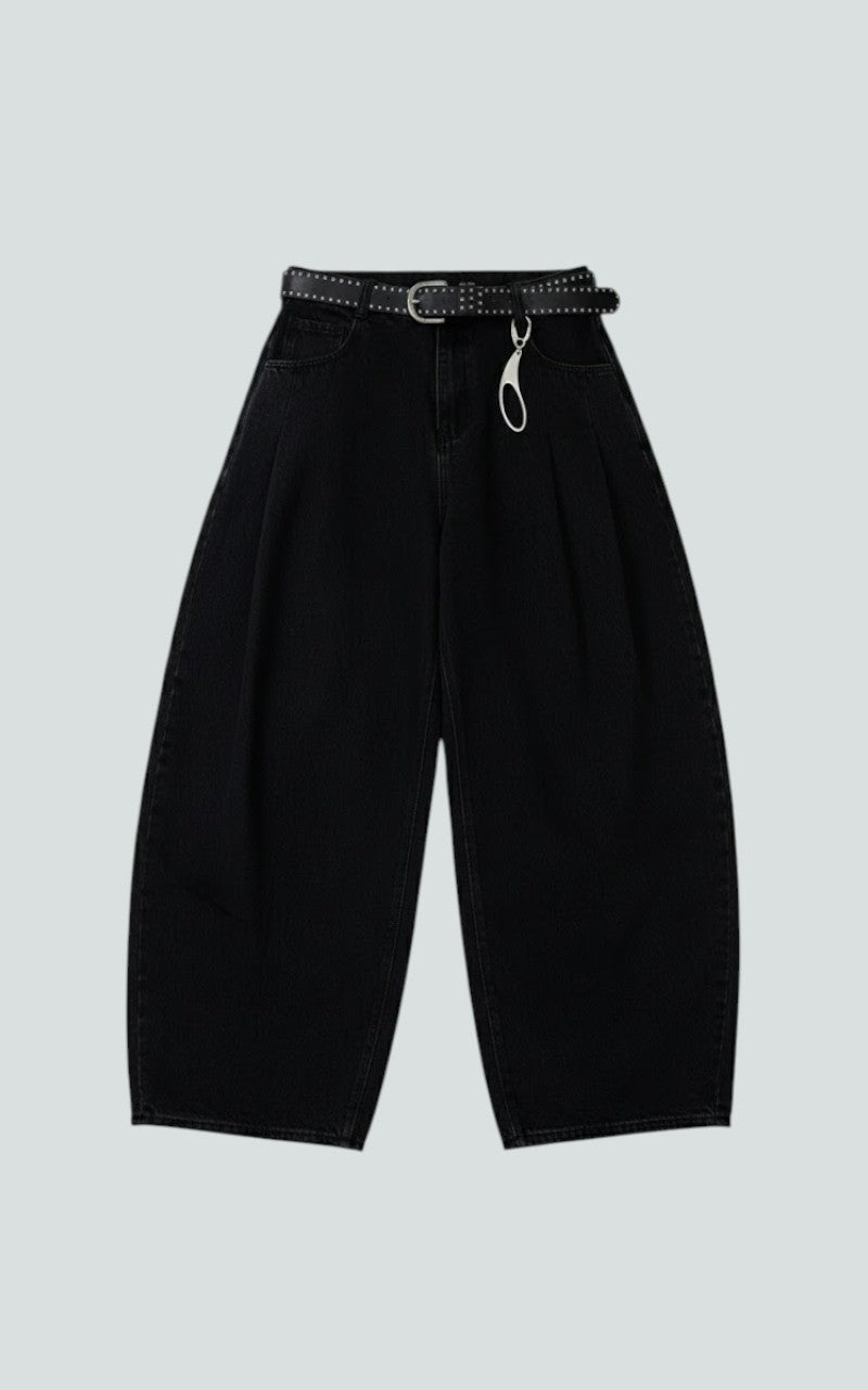 Black Wide-Leg Curved Denim Trousers