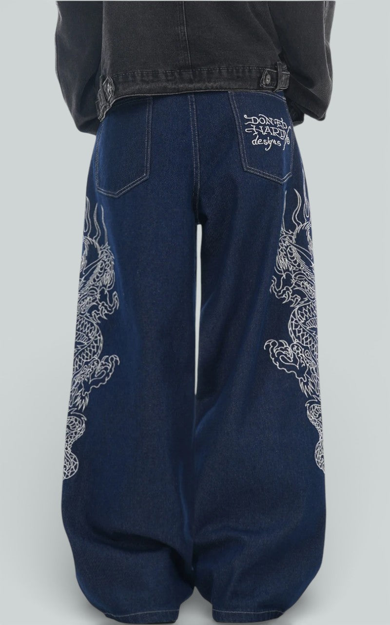Dragon Embroidery Loose Wide-Leg Denim
