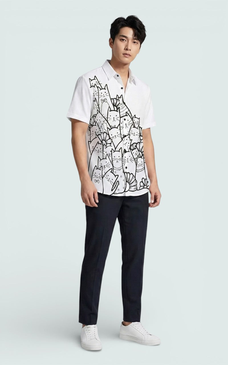 Cat Print Casual Button Shirt