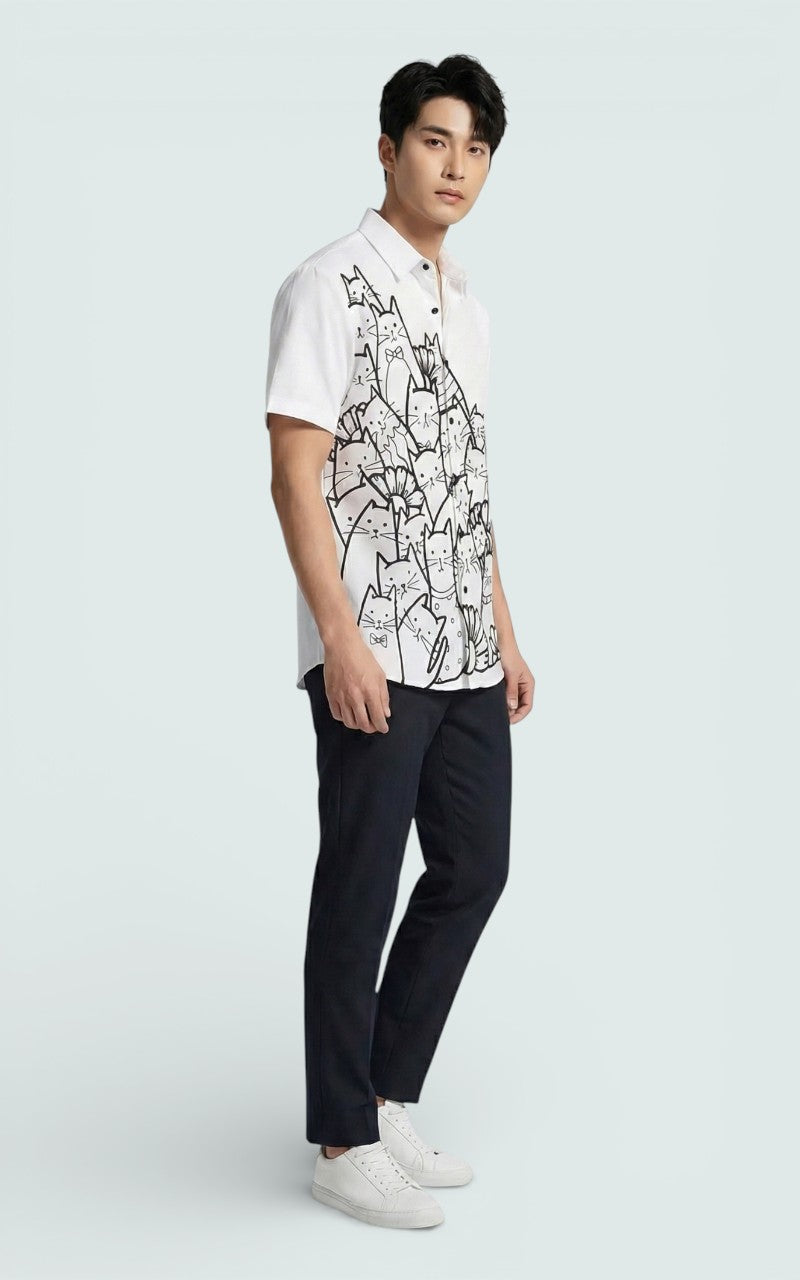 Cat Print Casual Button Shirt